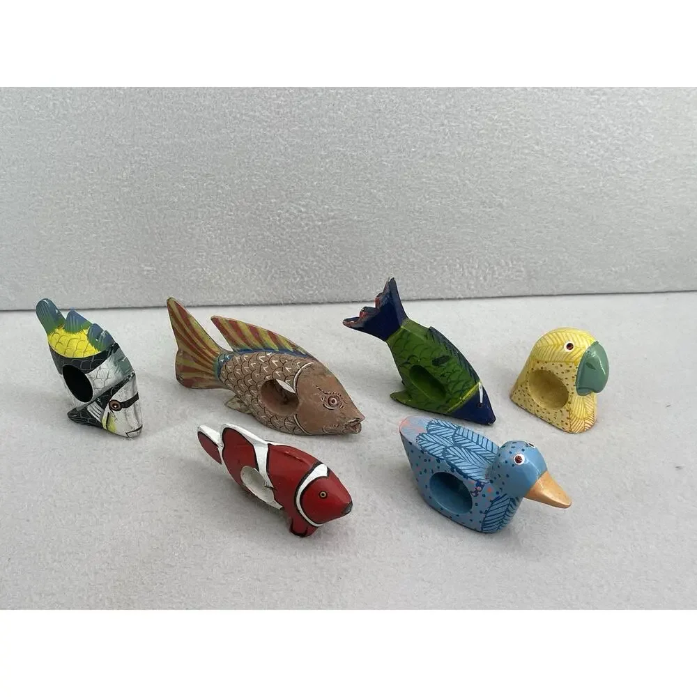 Hand Carved Wood Napkin Rings Set Fish Bird Folk Art Boho Table Decor